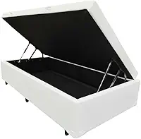 Cama Box Baú Solteiro, Blindado, Pistão a Gás. Pés de Madeira (Corino, Branco)