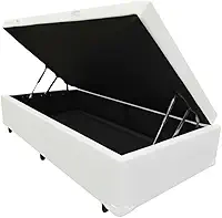 Cama Box Baú Solteiro, Blindado, Pistão a Gás. Pés de Madeira (Corino, Branco)