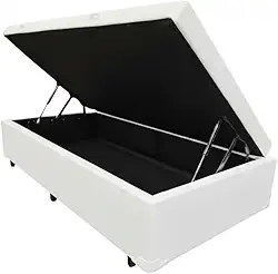 Cama Box Baú Solteiro, Blindado, Pistão a Gás. Pés de Madeira (Corino, Branco)