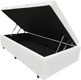 Cama Box Baú Solteiro, Blindado, Pistão a Gás. Pés de Madeira (Corino, Branco)