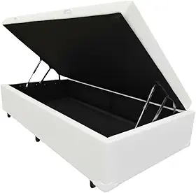 Cama Box Baú Solteiro, Blindado, Pistão a Gás. Pés de Madeira (Corino, Branco)