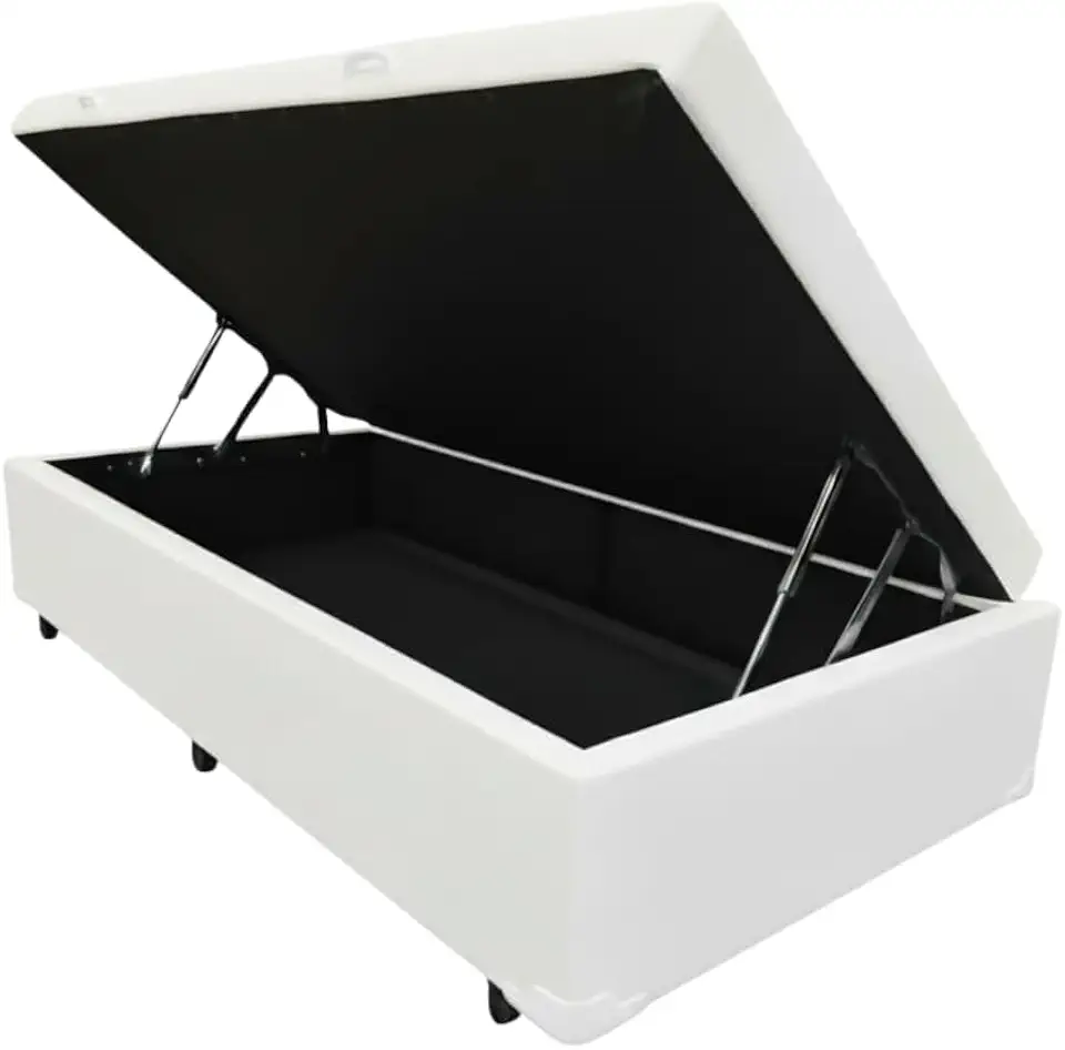 Cama Box Baú Solteiro, Blindado, Pistão a Gás. Pés de Madeira (Corino, Branco)