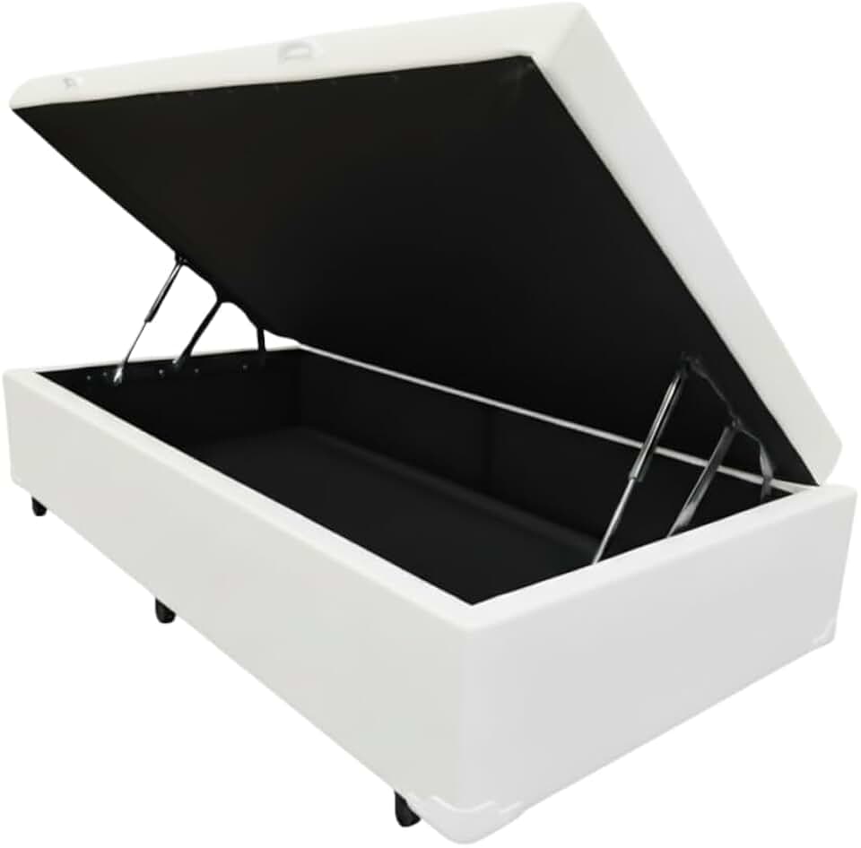 Cama Box Baú Solteiro, Blindado, Pistão a Gás. Pés de Madeira (Corino, Branco)