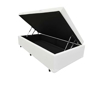 Cama Box Baú Solteiro Blindado Corino Branco com Pés de Madeira