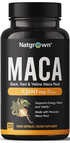 Natgrown Organic Maca Root Powder Capsules - Black, Red & Yellow - 1500 mg per Serving - Gelatinized...