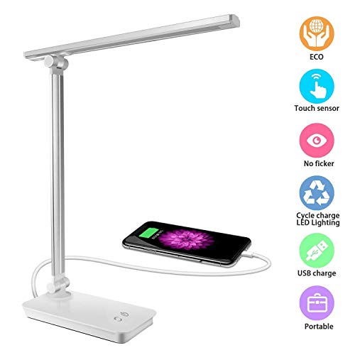 DAMIGRAM Lámpara Escritorio LED, Plegable Lámpara de Mesa USB Regulable Recargable, 3 Niveles de Dimmer, 5 Temperaturas para Relax, Control Táctil, LCD Pantalla, Protege a Ojos