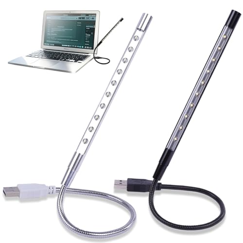 2 Stück USB LED Leselampen mit Flexiblem Schwanenhals – Dimmbare Lampe für Laptop, Buch und Bett – Tragbare Lichtquelle in Schwarz und Silber [Energieklasse F] buch lampe