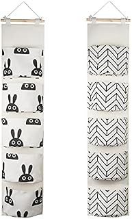 SMFANLIN 2Pcs Over The Door Storage Hanging Bag, Premium Linen Fabric Wall Closet Hanging Storage Organizer with 5 Pockets, Waterproof Hanging Shelves Pocket for Wall Bedroom Bathroom (Rabbit)