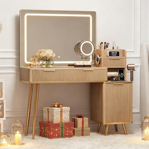 iPormis Makeup Vanity Desk with HD & 5X Mirror and Lights, 47 inch Make up Vanity w/Magnifying, Fluted Glass Top Dressing Table w/Power Outlets & Adjustable Storage,Natural