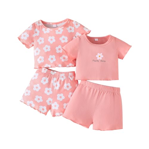 LUVCES 4 Piezas Conjunto para Niñas Pequeñas Primavera Manga Corta Color Sólido/Estampado Floral Camiseta y Pantalones Casual Verano Ropa de Casa 4Pcs Manga Corta rosa 2 3 Años