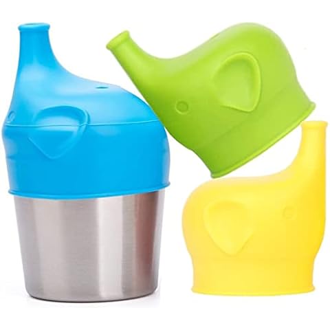 Scoolr Baby Sippy Cup Lids, 3pcs Elephant Spill Proof Food-Grade Silicone Sippy Lids for Kids (Blue+Green+Yellow) Cover