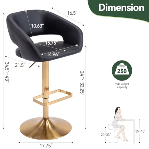 Image of PU Leather Adjustable Swivel Counter Height Bar Stool, Black, Gold Base