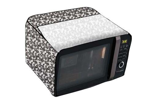 Image of PVC Microwave Oven Cover for Panasonic 27L-N-CT645BFDG, Decorative Kitchen Appliance Cover, Full Closure Attractive Digital Prints, Dustproof, Water Resistant (Grey Black White Flower)