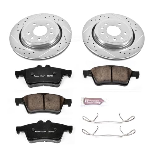 Image of PowerStop Rear Brake Kit for Saab 9-3 2003-11 - Drilled and Slotted Disc Rotors with Carbon-Fiber Ceramic Brake Pads Replacement, K983