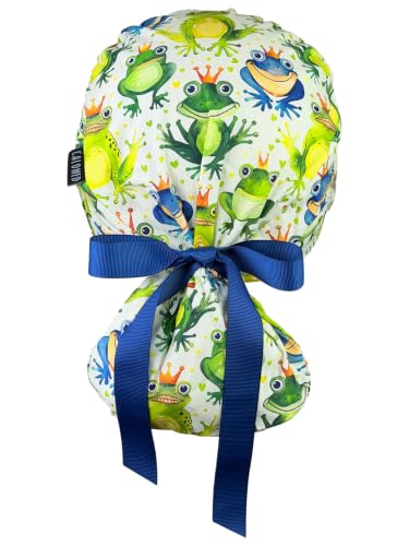 Image of Scrub Cap for Women and Men, Ponytail Scrub Caps, Working Hat, Head Cover with Ribbon Ties and Buttons, Long Hair