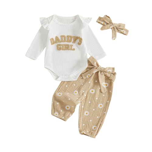 Image of Tsnbre Newborn Baby Girl Outfits Daddys Girls Ruffle Long Sleeve Romper Top Pants Headband Infant Fall Winter Clothes