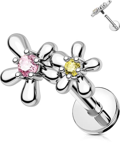 OUFER 16G Fleur Bijoux Helix Filetage Intérieur Anneau Tragus Acier Inoxydable 316L Conch Ring Rose et Jaune CZ Labret Piercing pour Femme 6 mm
