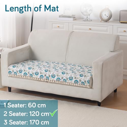 Image of HOKIPO Cerulean Bloom 2 Seater Quilted Sofa Cover Mat with Tassels 'Tassel Twigs' Series (IN-983-T6)