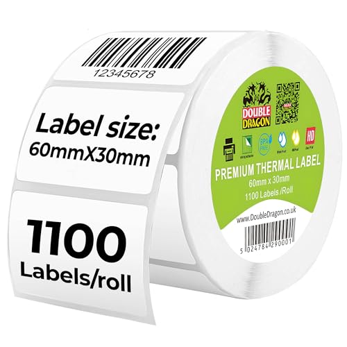 Double Dragon, 1,100 Etiquetas Térmicas Directas, 60mm x 30mm | Adhesivas Blancas Premium con Recubrimiento | Resistente a los Arañazos | Compatible con Impresoras Zebra, MUNBYN, Rollo, Toshiba ⭐