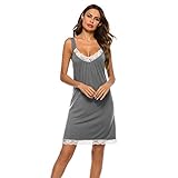 JFAN Camisones para Mujer Sin Mangas Camisa Larga Sexys Cuello En V Mujer Tipo Verano Casual Pijama Cuello Pico Encaje De Camisole Skirt Ropa De Dormir CóModo，Gris M