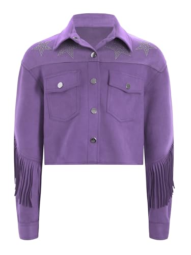 Linjinx Kids Girls Faux Suede Tassel Jacket Long Sleeve Star Rhinestone Color Block Button Up Coat Fringe Outwear3