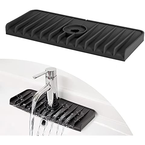 Sink Splash Guard, Silicone Faucet Water Catcher Mat, Sink Draining Pad behind Faucet, Self Draining Faucet Pad, Sink Protector for Kitchen, Bathroom (Black) Cover