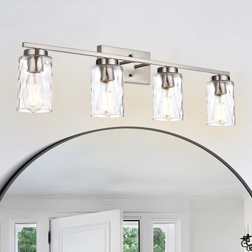 Image of Bathroom Vanity Light Fixtures Modern 4-Light Wall Sconces Brushed Nickel Wall Light Fixture with Clear Hammered Shade Vanity Light for Mirror Kitchen Porch Bedroom Hallway, E26 Base