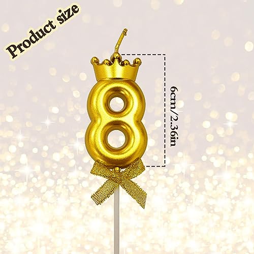 Image of 1 Pc 8 Number Candle for Birthday Cake Metallic Gold Number 8th Birthday Cake Decoration Eight Candle with Crown on Top Cake Topper 0-9 Number Candles for Anniversary (Pack of 1, Gold)