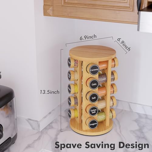 Image of New England Stories Revolving Spice Rack Set with 20 Spice Jars, Kitchen Spice Tower Organizer for Countertop or Cabinet - Carousel Storage Includes 386 Spice Labels (Bamboo)