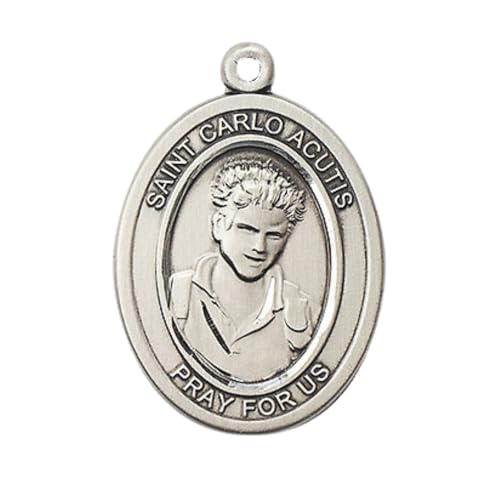 Medium Women's Sterling Silver Saint Carlo Acutis Oval Medal Pendant with 18" Rhodium Plated Lite Curb Brass Chain Necklace –Patron Saint of Internet,Catholic Spiritual-Velvet Gift Box– Made in USA2