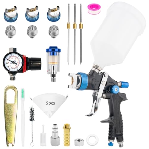 HVLP Professionnel Pistolet à Peinture Carrosserie Alimentation par Gravité 3 Buses 1,4/1,7/2,5mm Coupelle 600cc par gravité et Jauge de Pression HVLP...