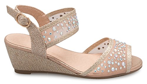 Olivia K Girl's Peep Toe Rhinestone Ankle Strap With Adjustable Buckle Wedge Sandals - Adorable, Comfort, Casual #TOP1