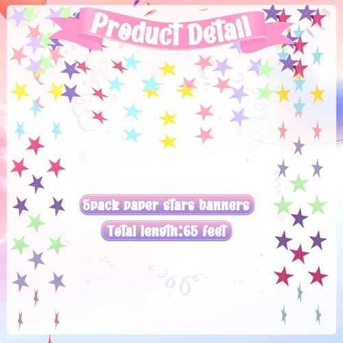 Image of Spakon 65 Feet Glitter Star Paper Garland Banner Hanging Decoration Star Streamers Double Side 2026 Graduation Decorations for Wedding Birthday Festival New Year Party Decoration (Pastel)