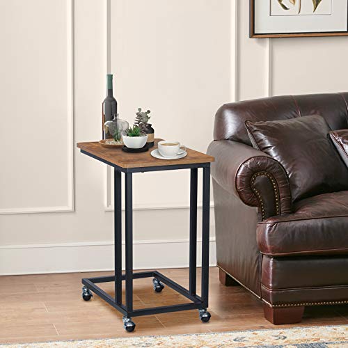 KINGSO C Table Rolling TV Tray End Tables Living Room Sofa Side Table Under Couch Table Industrial Moible Snack Table for Coffee Laptop Eating Portable Little Bedside Table, Rustic Brown - Thumbnail 2