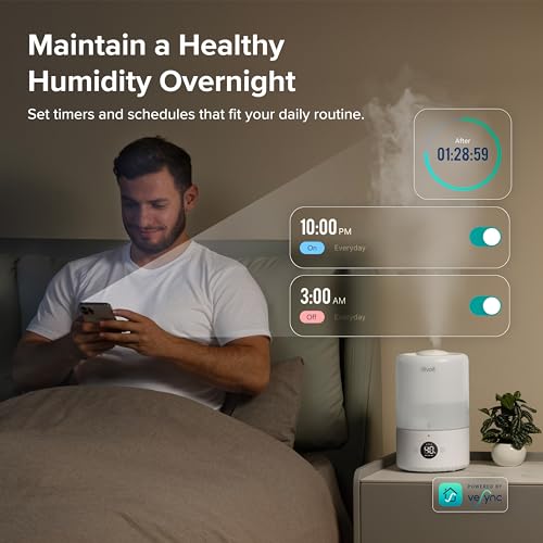 Image of LEVOIT Smart Cool Mist Top Fill Humidifiers for Bedroom with Sensor, Auto Humidity Setting, APP & Voice Control, Essential Oil Diffuser, Ultra Quiet Operation, Super Easy Top Fill, 3L, White