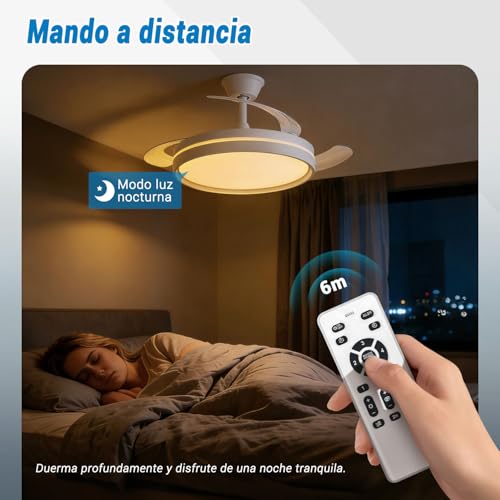 Miniatura 6 de Ventilador De Techo Con Luz Led 60w, Con Mando A Distancia, Ø42in, Temporizador, 6 Velocidades, Aspas Retráctiles, 3 Temperaturas De Luz, Función Verano-Invierno, 5600lm Blanco Minimalista Moderno