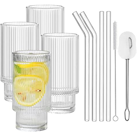 ALINK Cocktail Gläser 4er Set, Bier Glas, Can Longdrinkglas, Eiskaffee Gläser mit Strohhalm,2 Reinigungsbürsten, Trinkglas in Dosenform für Familie, Camping, Party, Bar Cover