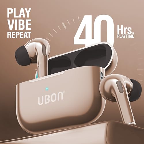 Image of UBON Air Tiger J26 Bluetooth TWS Earbuds with 40H Playtime, 500H Standby, ANR Noise Reduction, Low Latency, Fast Charging, v5.3 Bluetooth, Touch Controls & Mic Wireless Earphones (Beige)