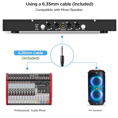 Image of Bietrun 4-Channel Wireless Microphones System with 4 Handheld Mics, UHF Metal Dynamic Cordless Mics for Karaoke, Singing, Church, Family Theater(Auto Connect /295FT Range /Fixed Frequency), Black