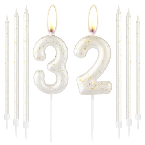 iNINGER White Gold Glitter Number 32 Birthday Candles with 6 Thin Long Cake Candles,Pearl Digit Candle for 32th Anniversary Party Cake Decorations
