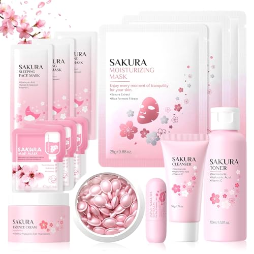 14 Stück Sakura Gesichtspflege Set, Gesicht Reinigung & Pflege, Hauttäglich Hautpflege Set mit Cleanser, Serum-Kapseln, Schlammfilm, Sakura Hautpflege set für Teenager Mädchen und Mädchen