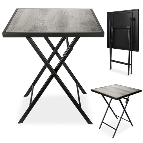 BRUBAKER Gartentisch Bergamo - 58 x 58 cm Balkontisch wetterfest - Metall Beistelltisch klappbar - Campingtisch eckig mit Holz Optik - Klapptisch für Balkon, Terrasse - Bistrotisch - Grau