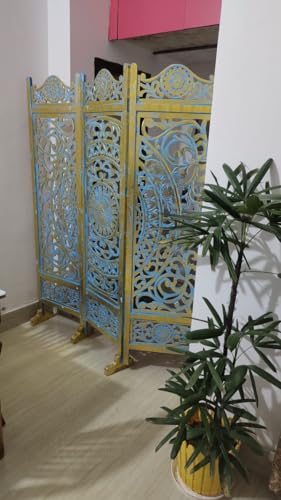 Image of Store NiceWooden Room Divider Partition for Living Room Bedroom & Office Foldable Modern Decorative Partition for Home, Pooja Room & Studio Bedroom Office Restaurant (Blue and Golden with Stand)