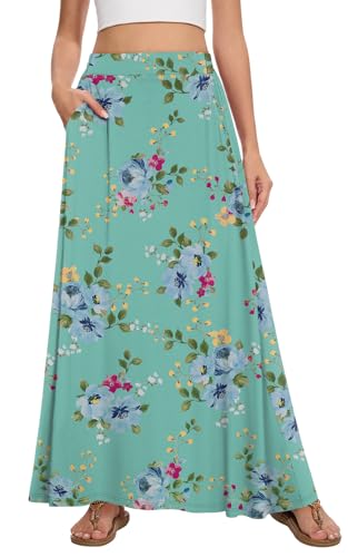 Image of Womens Maxi Skirt Long Flowy Summer A-Line High Waist Skirts | Elastic Waistband with Pockets, Lightweight Fabric, Casual Wear, Swing beach boho Outfits, Fashion Clothes