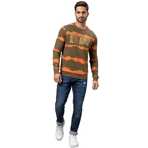Image of Being Human Olive Regular Fit Round Neck Long Sleeves Cotton Men's Sweatshirt Clothing