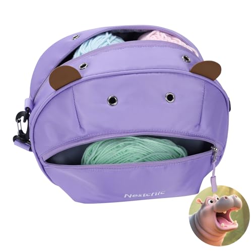 Image of Hippo Yarn Storage Bag Organizer for Crochet Portable Knitting Holder with Zipper, Small Craft Project Bag, Cute Crochet Accessories & Gifts for Women (Light Purple)