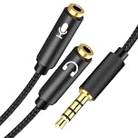 Headphone Mic Splitter 3.5mm Jack Audio Mic Braided Adapter Aux Male to 2 Female PC Headset Microphone Cable Compatible with Gaming Headset, Speaker, Desktop, Laptop, Xbox, PS5 PS4 Controller