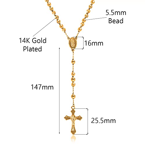 Savlano 14K Gold Plated Beaded Rosary Cross Necklace – 6.5MM Crucifix Cross Medallion Rosary Chain Y-Necklace for Women & Men Religious Jewelry Comes in Gold, Gold-Rose-Silver with a Gift Box3