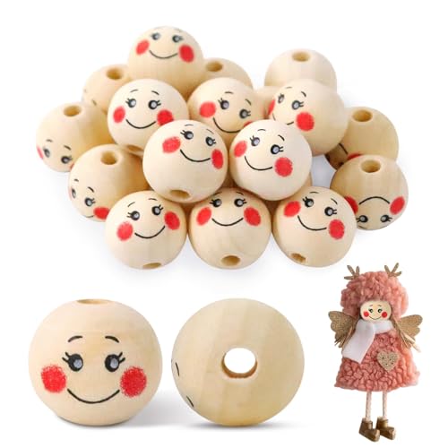 Redamancy 20 St&uuml;ck Smiley-Holzkugeln, 20 mm & 5 mm mit Loch, nat&uuml;rliche Holzperlen zum Basteln & DIY-Dekorationen, Sorgenw&uuml;rmer, Gl&uuml;cksw&uuml;rmer