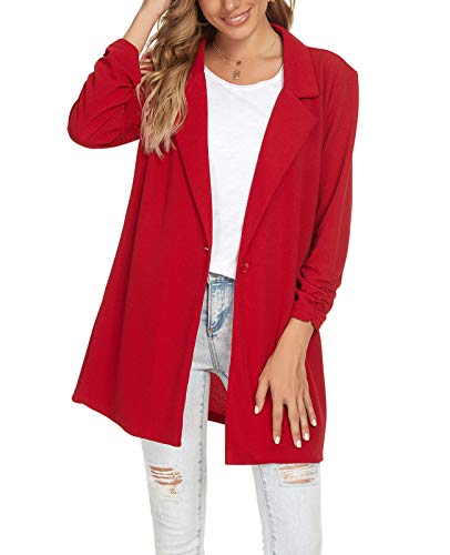 Womens Open Front Blazer Long Sleeve Loose Fit Work Office Cardigan Jacket (Red-Size XL)